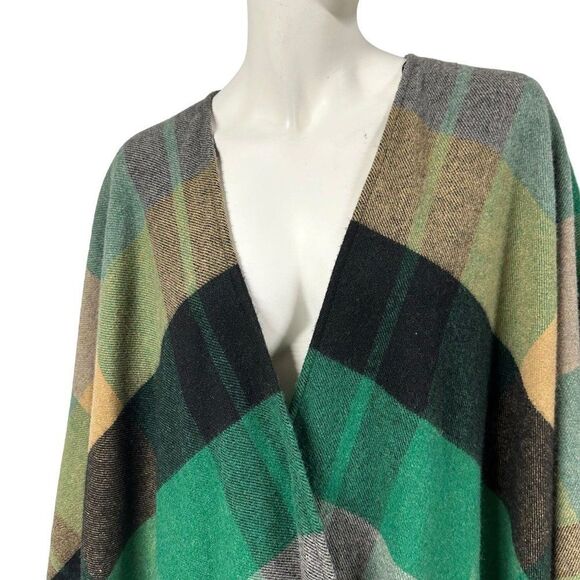 Zara Green Black Plaid Fringe Blanked Poncho Cape Womens Size M Medium - Picture 3 of 10